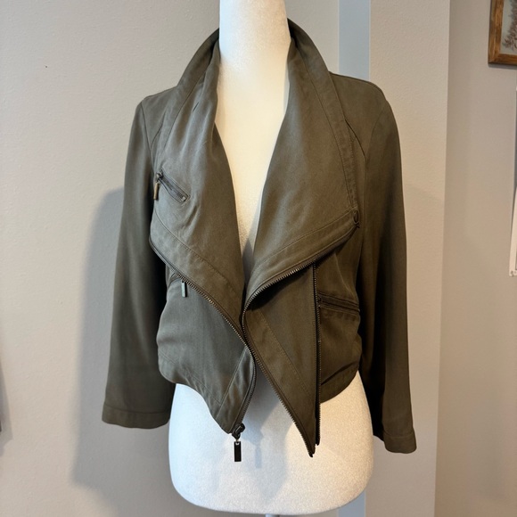 Y2K INC olive green taupe cropped convertible silk moto jacket size medium - Picture 2 of 14